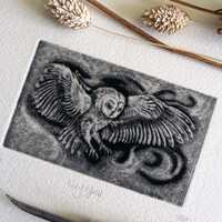 Hand Printed Barn Owl Mezzotint: 'Nightfall'
