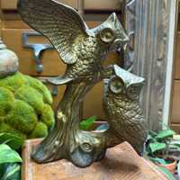 Vintage brass owls on log figurine