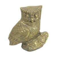 Vintage Brass Owl On Log Figurine Patina 3.5 inch Cast Metal Decorative Accent