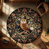 Whimsical Floral Round Owl Rug Ethereal Woodland Book Nook Decor Morris Inspired, Soft Cottagecore A