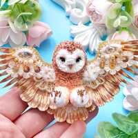 Handmade embroidered brooch barn owl, handmade jewelry, unique gift, owl decoration, birthday gift f