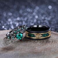 Emerald Owl Ring Set, Gothic Branch Design, Tungsten Wedding Band