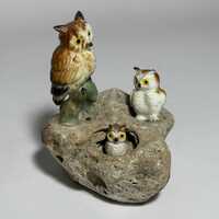 Vintage 70s Ceramic Owl Figurines on Stone: Owl Rock Art