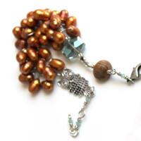 boho owl bracelet / pearl wrapped UniqueNecks jewelry / brown pearls / dusty blue czech glass & 
