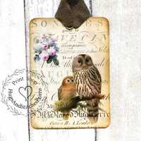 French Brown Owl Pair Gift or Scrapbook Tags or Magnet #60