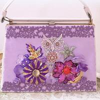 Purple Owl Handbag Flower Jewelry Purse Handpainted One-of-a-Kind Mixed Media Art Purse