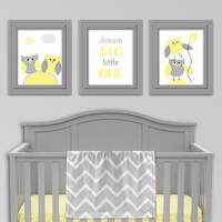 Owl Nursery Art Prints: Grey & Yellow Chevron, Set of 3