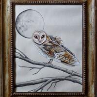 Full Moon - Acrylic Painted Barn Owl on Tree Branch on Canvas Fabric with Graphite Pencil Details - 