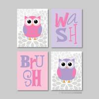 Owl Bathroom Art Prints – Kids Bathroom Decor, Set of 4