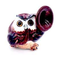 Miniature Ceramic Owl Bird Animal Musician Play Horn Cute Little Brown Figurine Small Statue Tiny De