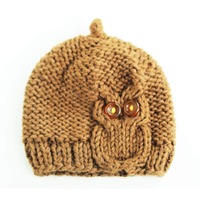 Owl Cable Knit Hat in Chocolate brown