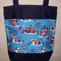 New Handmade Large Patriotic Owls Denim Tote Bag