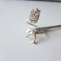 silver dolphin ring with an owl, wrap open style, adjustable ring, animal ring, silver ring, stateme
