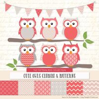 Patterned Coral Owls Clipart and Digital Papers - coral Owl Clipart, Owl Vectors, Baby Owls, Cute Ow