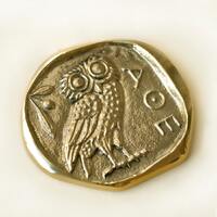 Ancient Greek Athenian Gold Coin Paperweight with Owl, Goddess Athena Symbol, Greek Mythology, Bronz