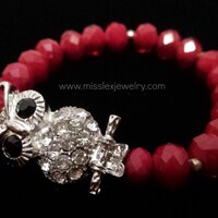 Silver Rhinestone Owl with Deep Red Facet Crystal Beads
