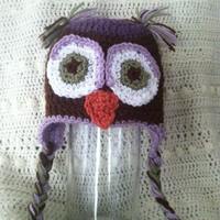 Purple and brown owl crochet hat with ear flaps and braids