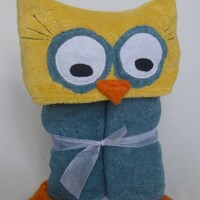 OWL hooded bath towel - Great Birthday Easter. or Shower Gift for baby toddler and child