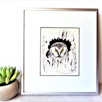Vintage owl art print black and white artist signed