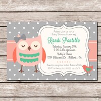 Grey Pink Coral Owl Shower Invite - DIGITAL FILE