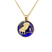 Lucky Owl Pendant, Gold Plated Greek Coin, Gift for Her, Owl Necklace, Greek Jewelry  Greek Owl Jewe