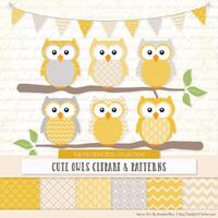 Patterned Sunshine Owls Clipart and Digital Papers - Yellow Owl Clipart, Owl Vectors, Baby Owls, Cut