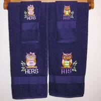 HIS and HERS Owl Towel Set - Colorful Owls on Branches Bath and Hand Towels - Wedding Couples, Anniv
