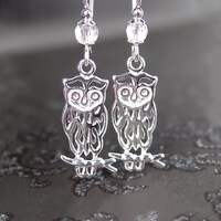 Woodland Owl Dangle Earrings, 925 Sterling Silver Bird Silhouette Charms, Lightweight Dainty Autumn 