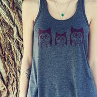 Three Owls, Screen Printed, Women's Dark Grey Heather Racerbank Tank Top