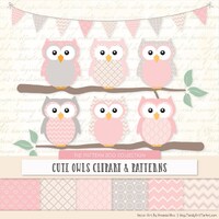 Patterned Soft Pink Owls Clipart and Digital Papers - Soft Pink Owl Clipart, Owl Vectors, Baby Owls,