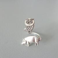 Owl and pig ring, adjustable ring, animal ring, silver ring, statement ring