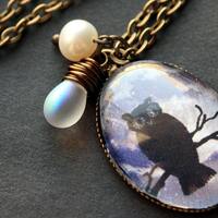 Hoot Owl Necklace. Owl Pendant with Frosted Glass Teardrop and Fresh Water Pearl. Oval Charm Necklac