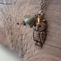 Brass Owl Necklace. Flower Necklace, Woodland Jewelry, Rustic Charm Necklace, Fall Jewelry, Owl Jewe