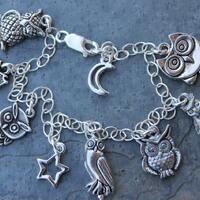 Owl Party charm bracelet - silver pewter owls, moon, star on sterling silver chain - bird charm brac