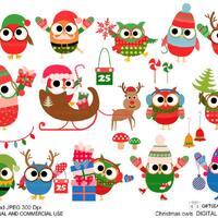 Christmas owls digital clip art for Personal and Commercial use - INSTANT DOWNLOAD