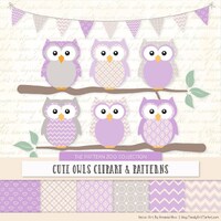 Patterned Lavender Owls Clipart and Digital Papers - lavender Owl Clipart, Owl Vectors, Baby Owls, C