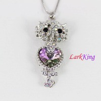 White gold plating stainless steel owl necklace, owl  with rhinestone crystal pendant, cute girl nec