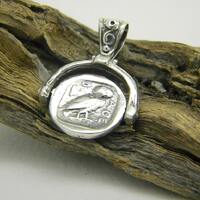 Sterling silver coin pendant, Athena - owl reversible medallion, ancient greek coin reproduction, co
