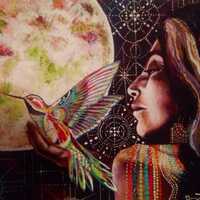 Humming Bird Owl Feather Full Moon Goddess art by Isabel Bryna
