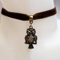 Handcrafted 'Owlet' Choker. Bronze tone owl set on a choice of Wine, Black, Green, Purple, B