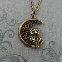 Owl Necklace, Owl Jewelry, Owl Pendant, Owl and Moon Necklace, Owl on the Moon, Moon Jewelry, Charm 