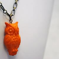 Sunset Orange Owl Necklace in Antique Brass - Vintage Lucite Necklace, Limited Edition Necklace, Woo