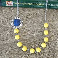 Yellow Bead Necklace: Navy Owl, Silver Filigree, Boho Chic