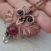 Wire wrap Owl Pendant with Crackle Agate and Garnet beads, Symbol of wisdom, copper jewelry for men 