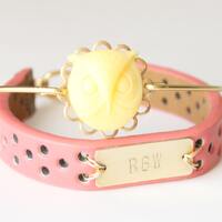 Girls Personalized Pink Leather Bracelet and Owl Bangle Set, Monogrammed Bracelet plus Owl Bangle, C