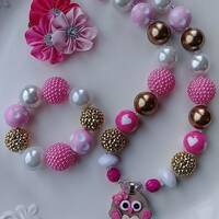 Owl Girl Necklace- Red and Pink Chunky Necklace- Owl Valentine Bubble Gum Necklace- Valentine's 