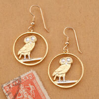 Screech Owl Coin Earrings: 14K Gold & Rhodium Plated, Greek Draxmai