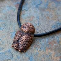 Gentle owl necklace - handmade copper bird pendant on black leather cord - antiqued - woodland creat