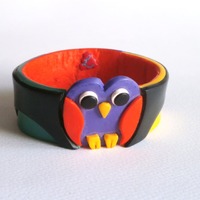 Owl bracelet for young girl polymer clay purple orange black yellow green whimsy colorful owl bangle
