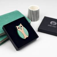 Owl Brooch: Laser Cut Wood & Acrylic, Green Scandinavian Bird Pin Badge